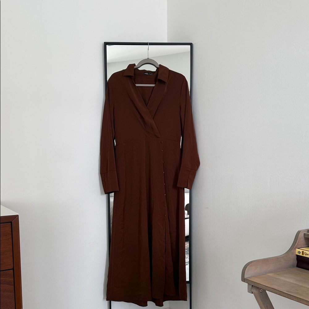 Elegant Brown Long Sleeve Dress A Line Collared